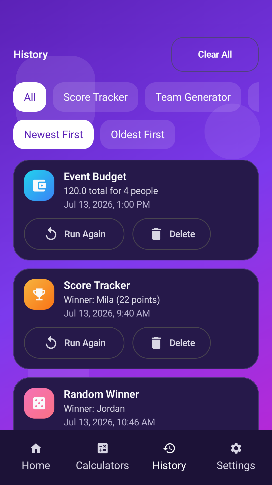 EntertainCalc history screen