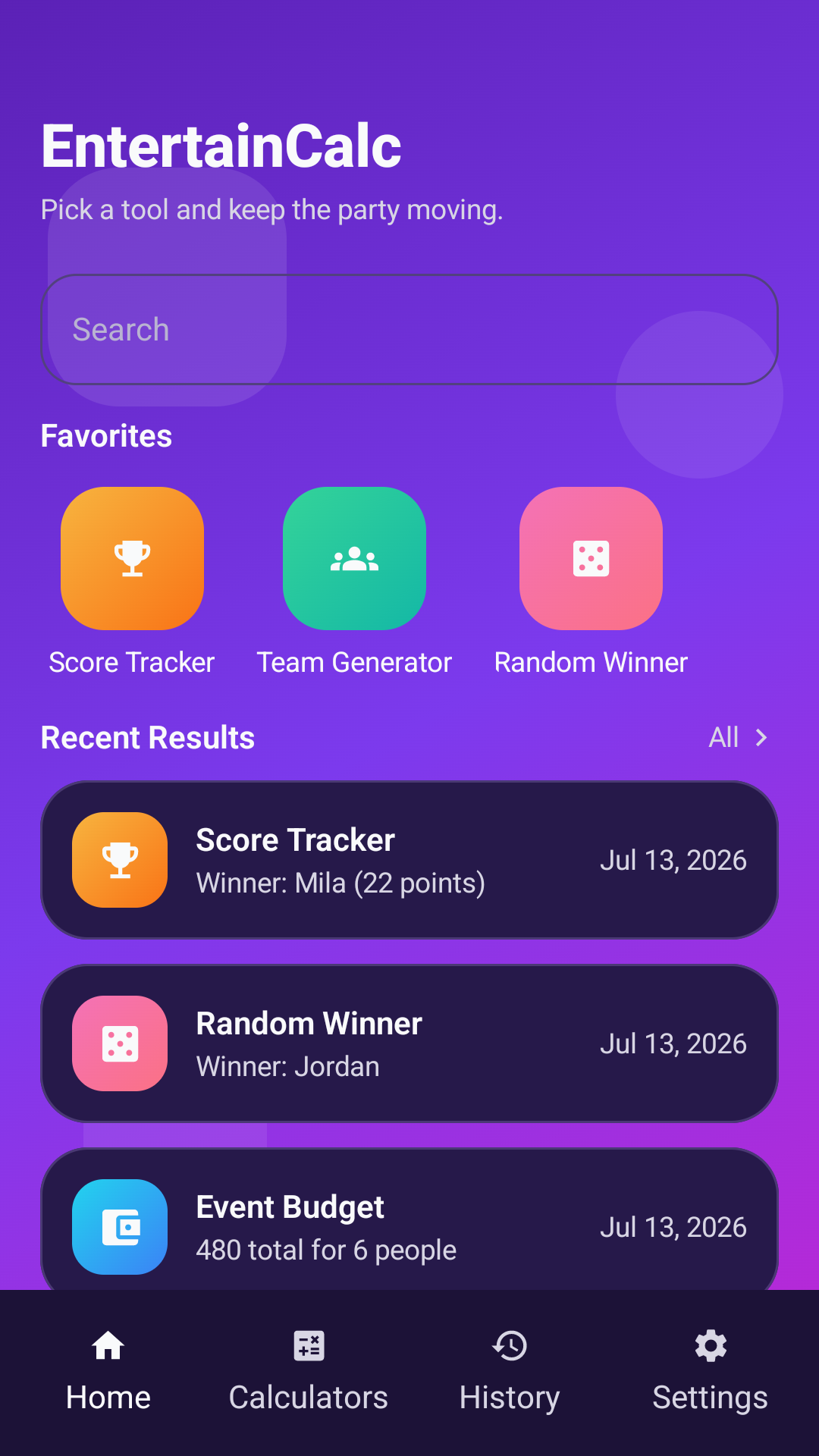 EntertainCalc home screen